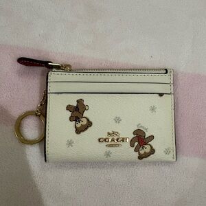 Coach White Card Holder with Winter Teddy Bear Design